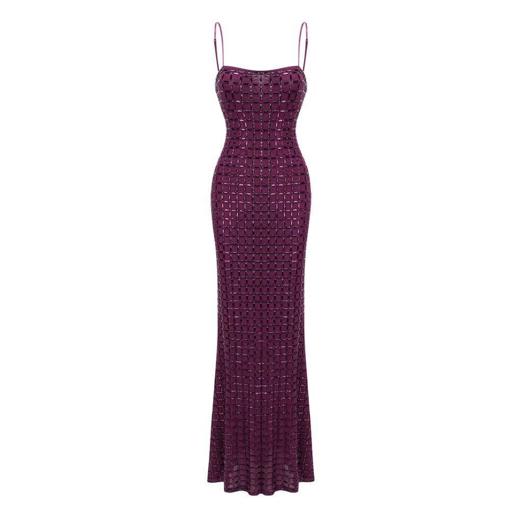 Térébenthine Purple Rhinestone Mesh Maxi Dress