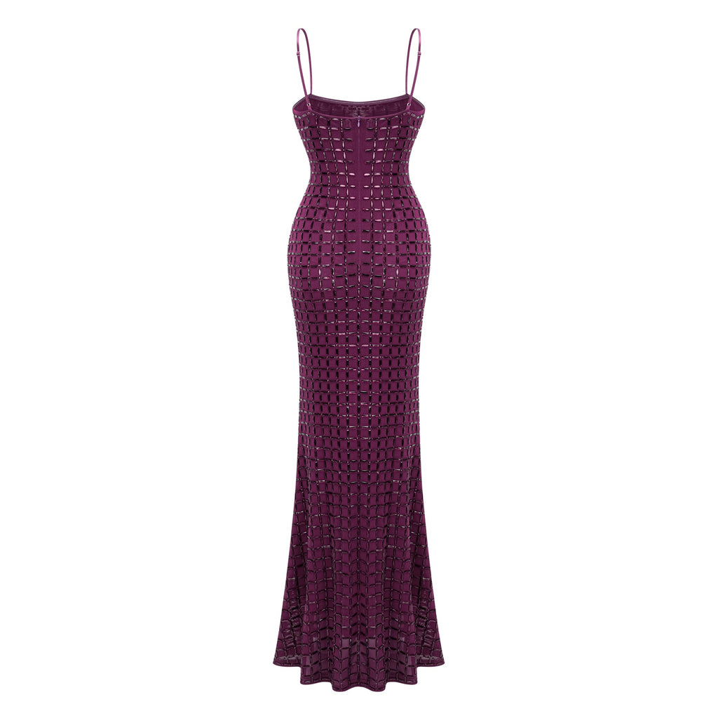 Térébenthine Purple Rhinestone Mesh Maxi Dress