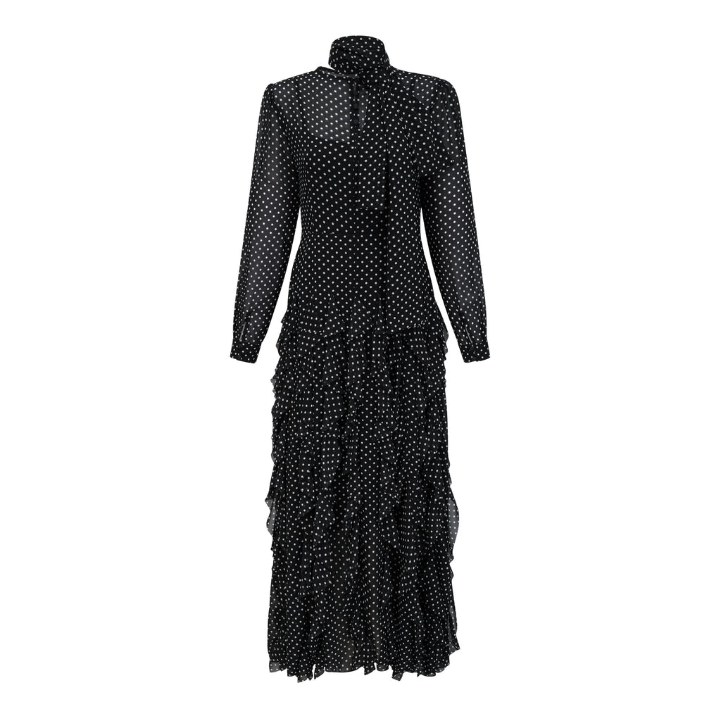 Coraline black polka-dot ruffled midi dress