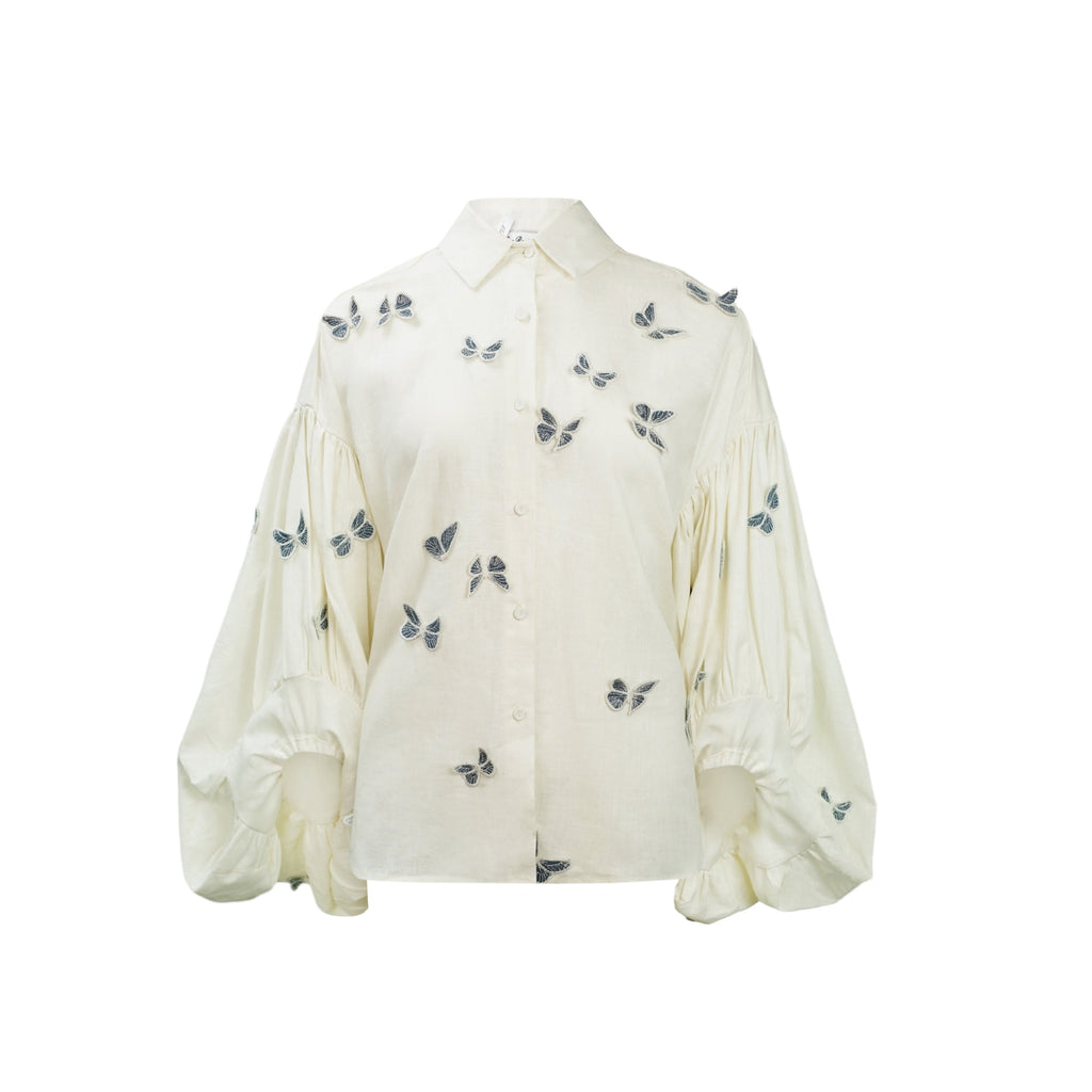 Ophélie White Butterfly Embroidered Shirt & Shorts Set