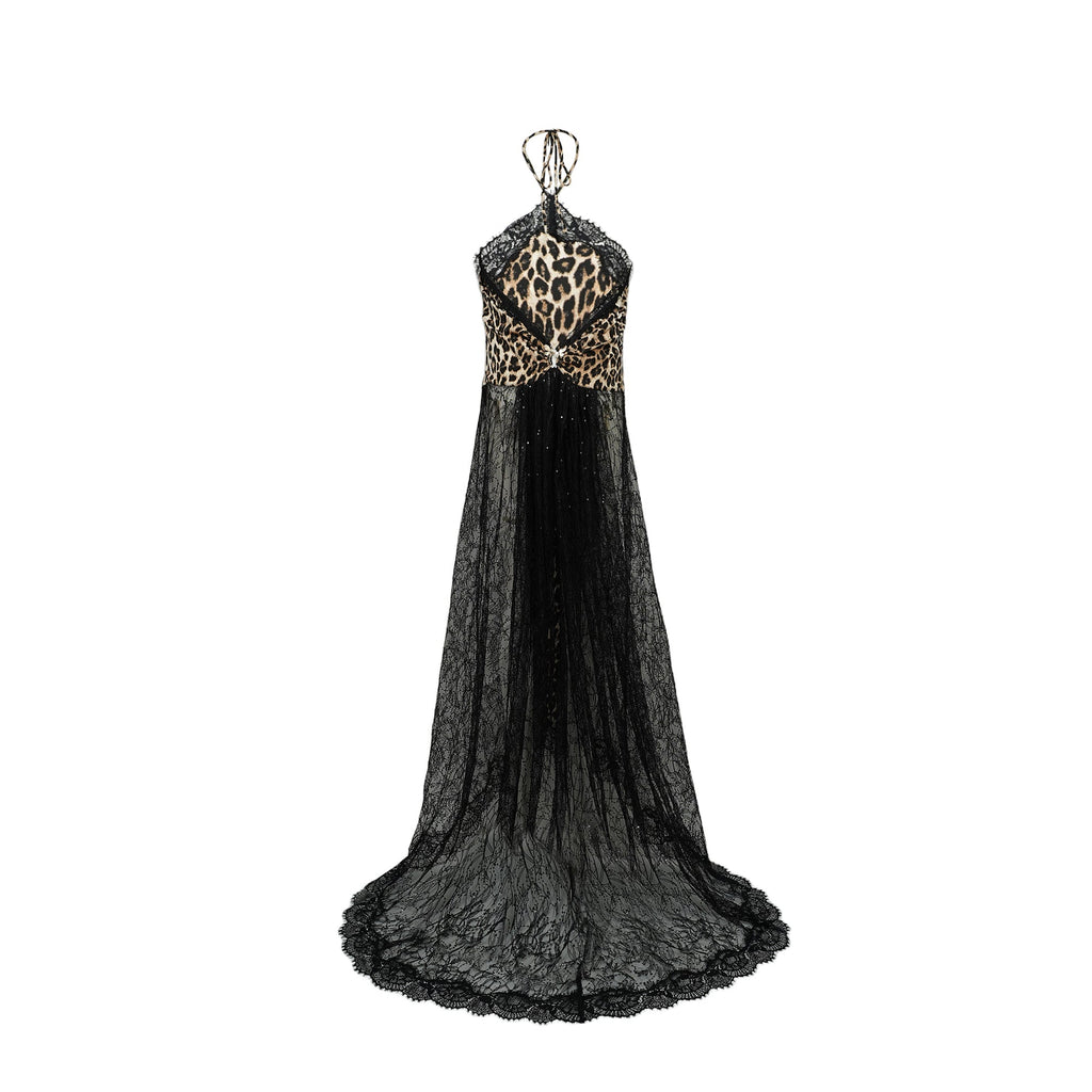 Alizée Brown Lace Panel Leopard Print Maxi Dress