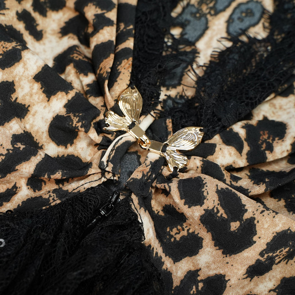 Alizée Brown Lace Panel Leopard Print Maxi Dress