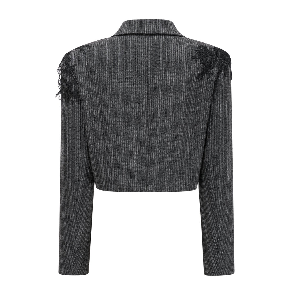 Sidonie Grey Floral Appliqué Striped Blazer & Skirt Set