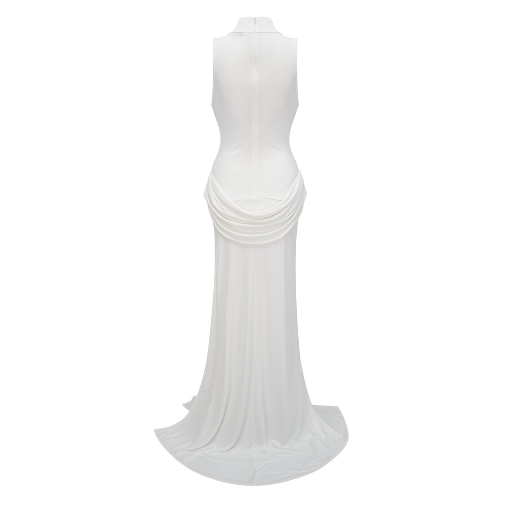 Mystérieuse White Turtleneck Draped Maxi Dress