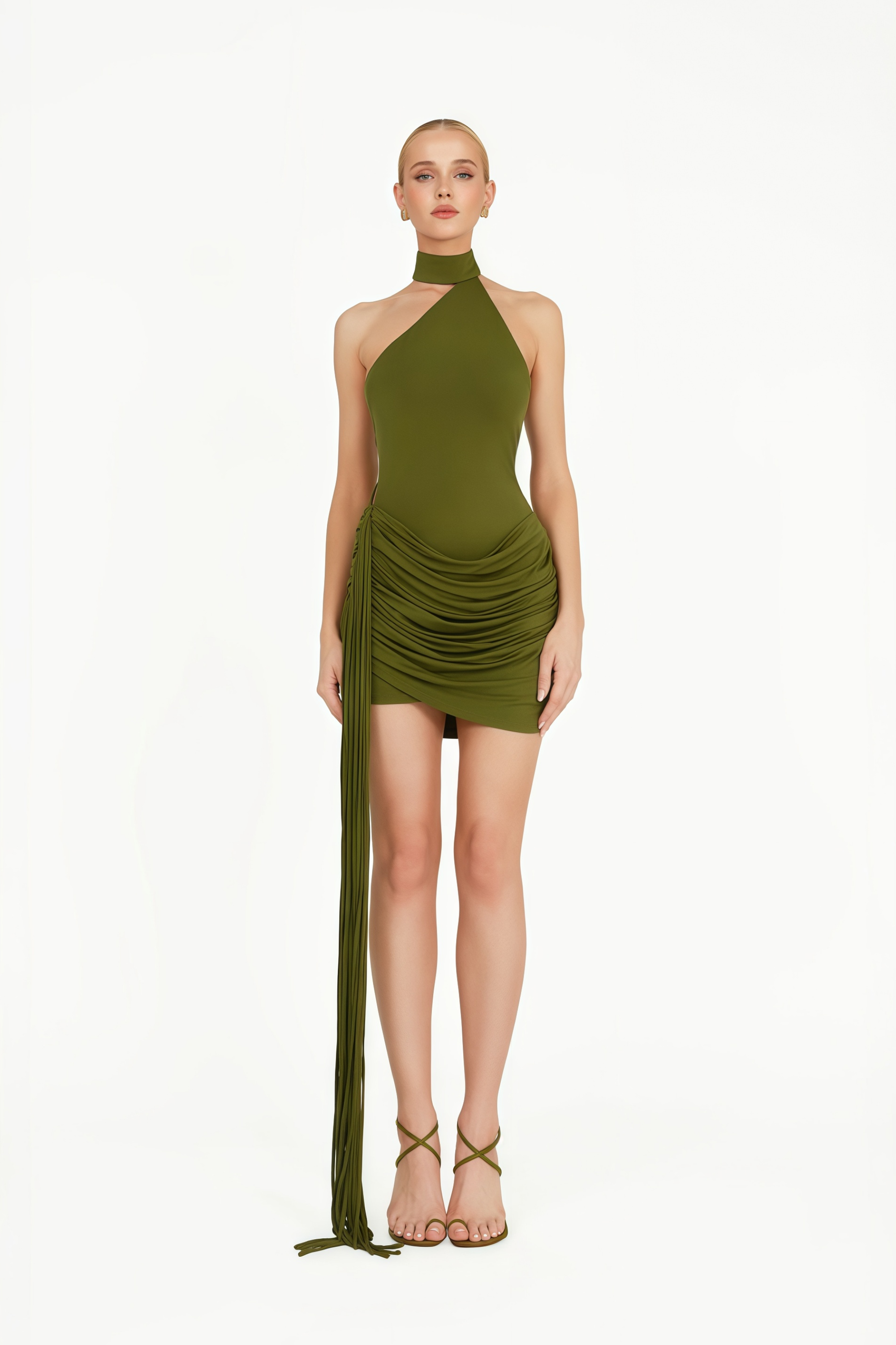 Linnea Green Halteneck Asymmetrical Ruched Mini Dress