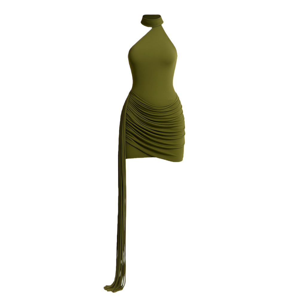 Linnea Green Halteneck Asymmetrical Ruched Mini Dress