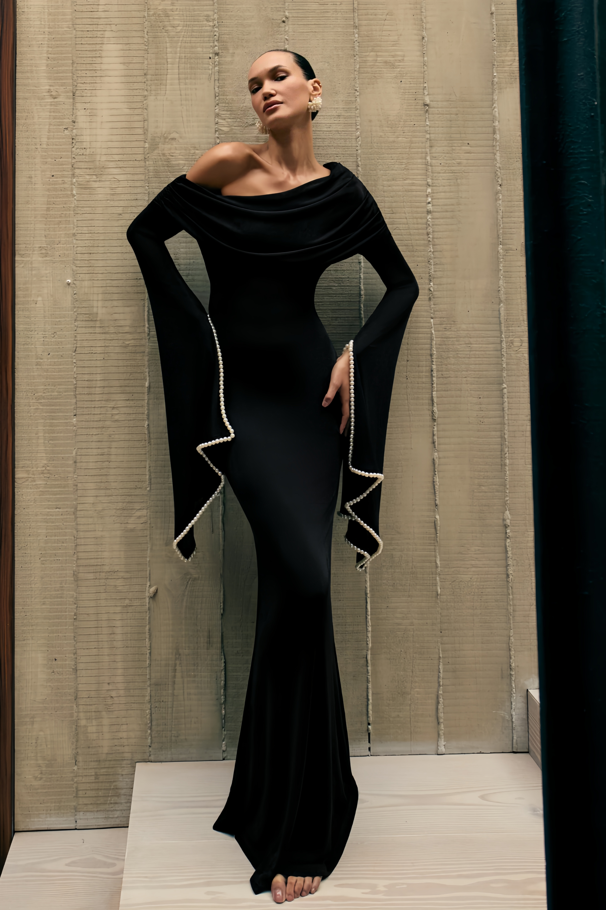 Simona Black One Shoulder Pearl Trim Maxi Gown
