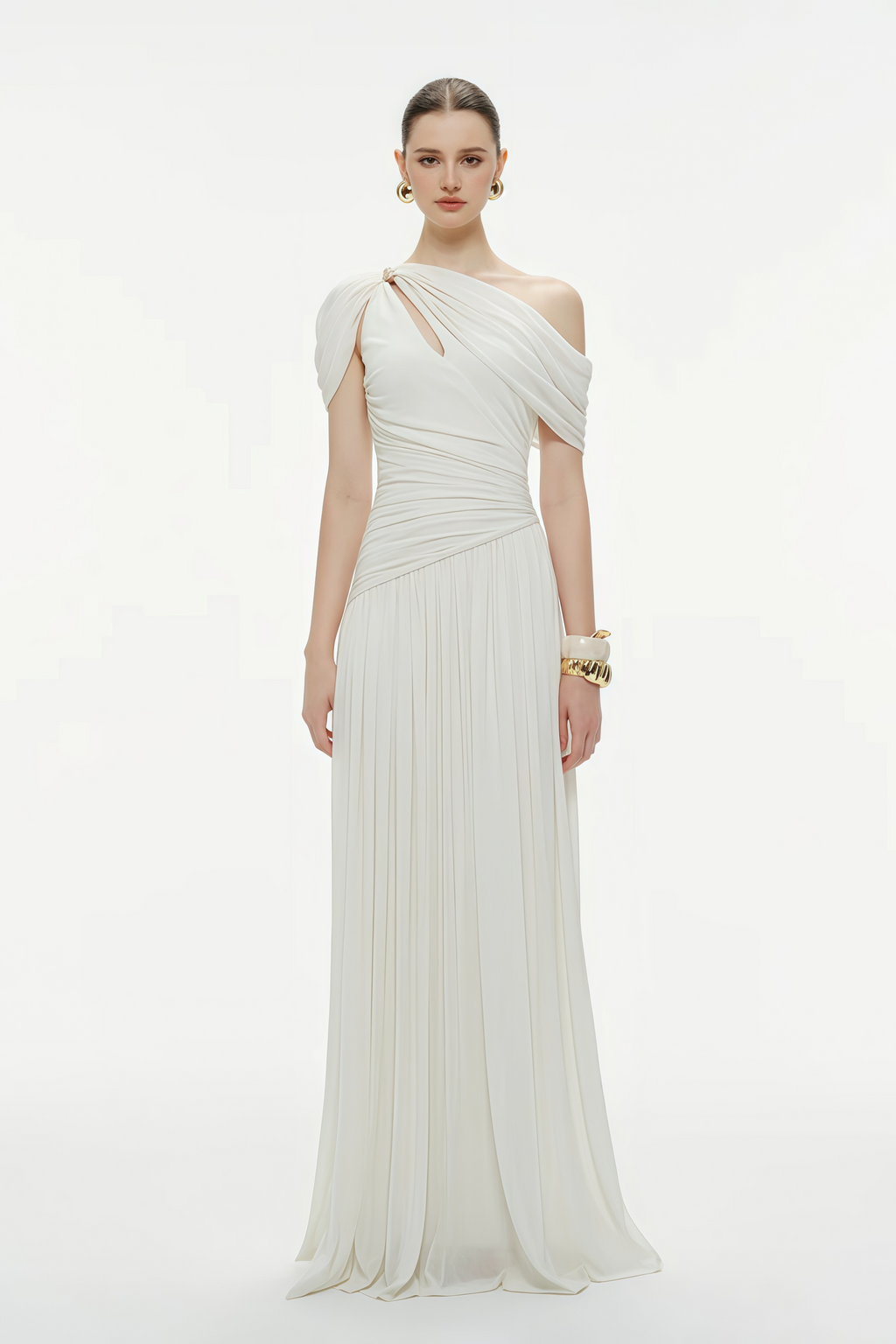 Sigrun White Asymmetrical Gathered Maxi Dress