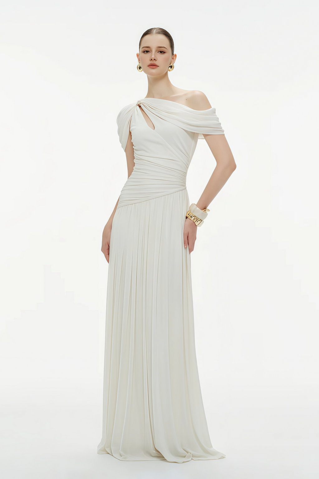 Sigrun White Asymmetrical Gathered Maxi Dress