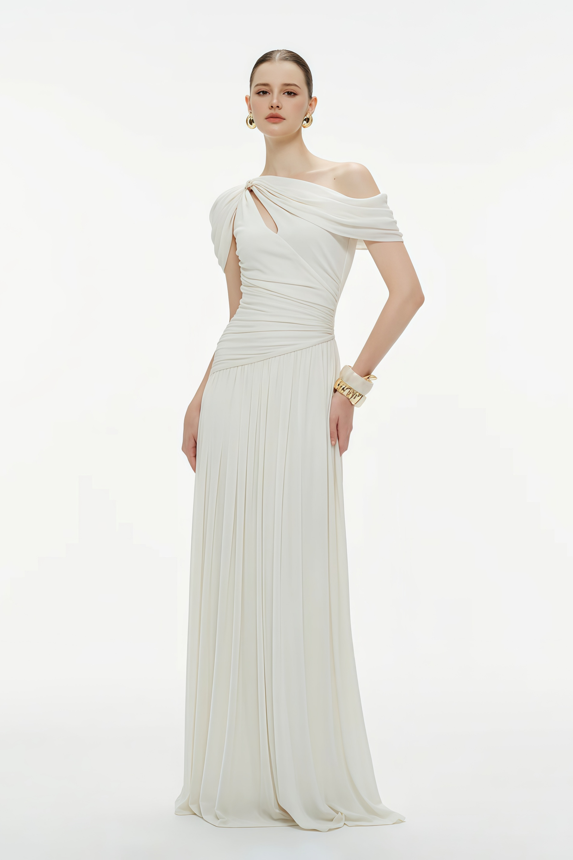 Sigrun White Asymmetrical Gathered Maxi Dress