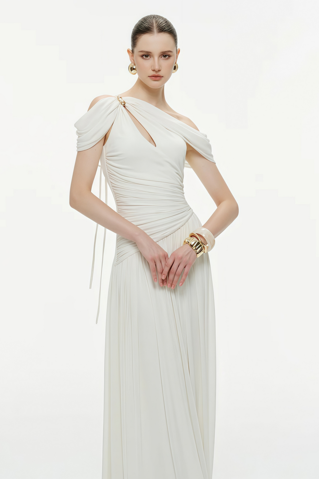 Sigrun White Asymmetrical Gathered Maxi Dress