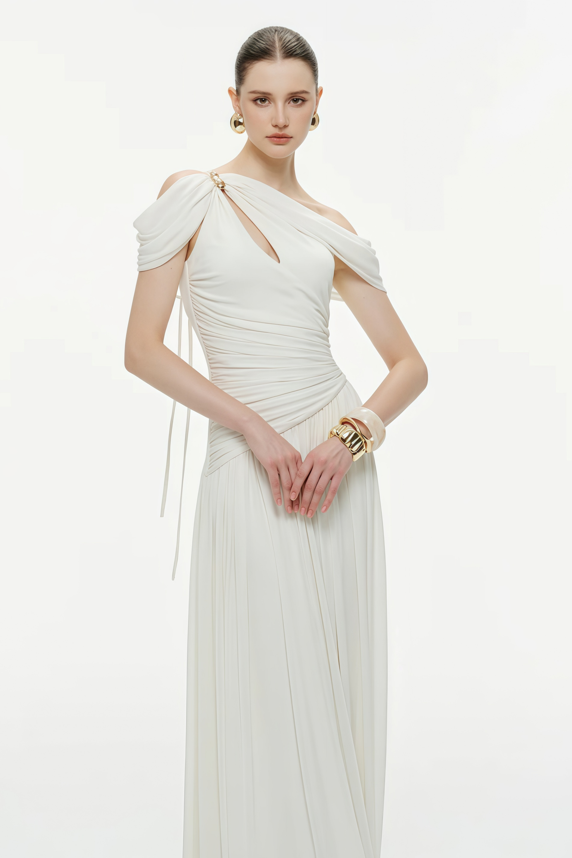 Sigrun White Asymmetrical Gathered Maxi Dress
