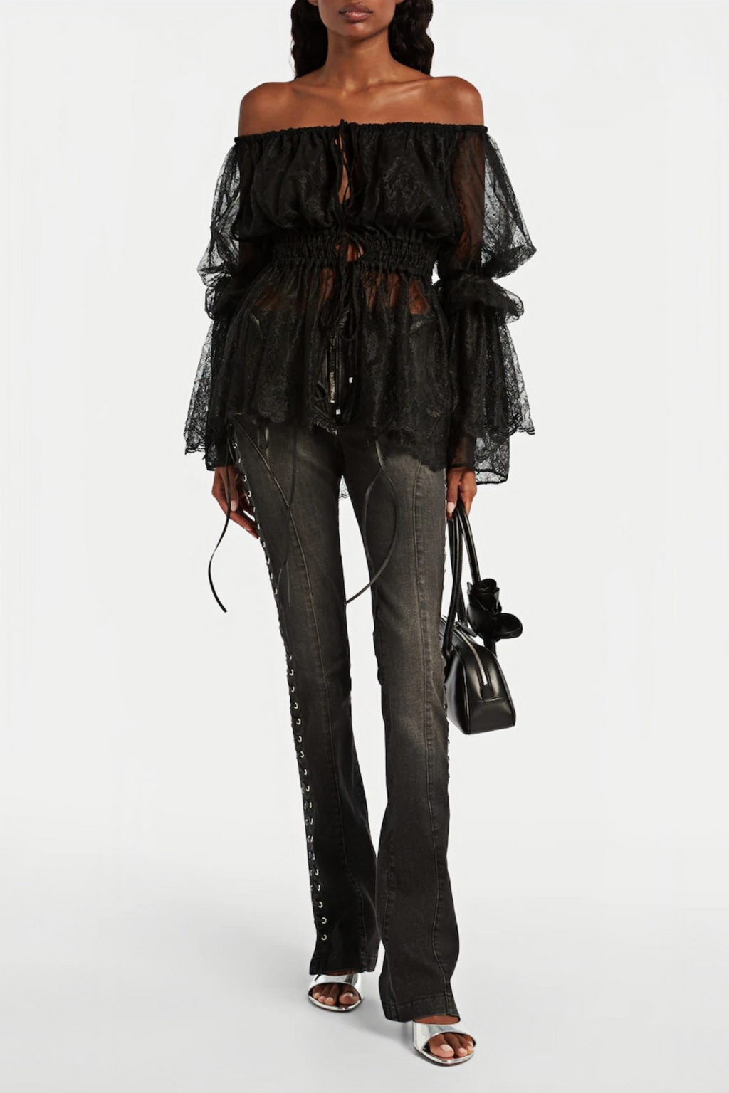 Vera Black Lace Up Flared Skinny Jeans