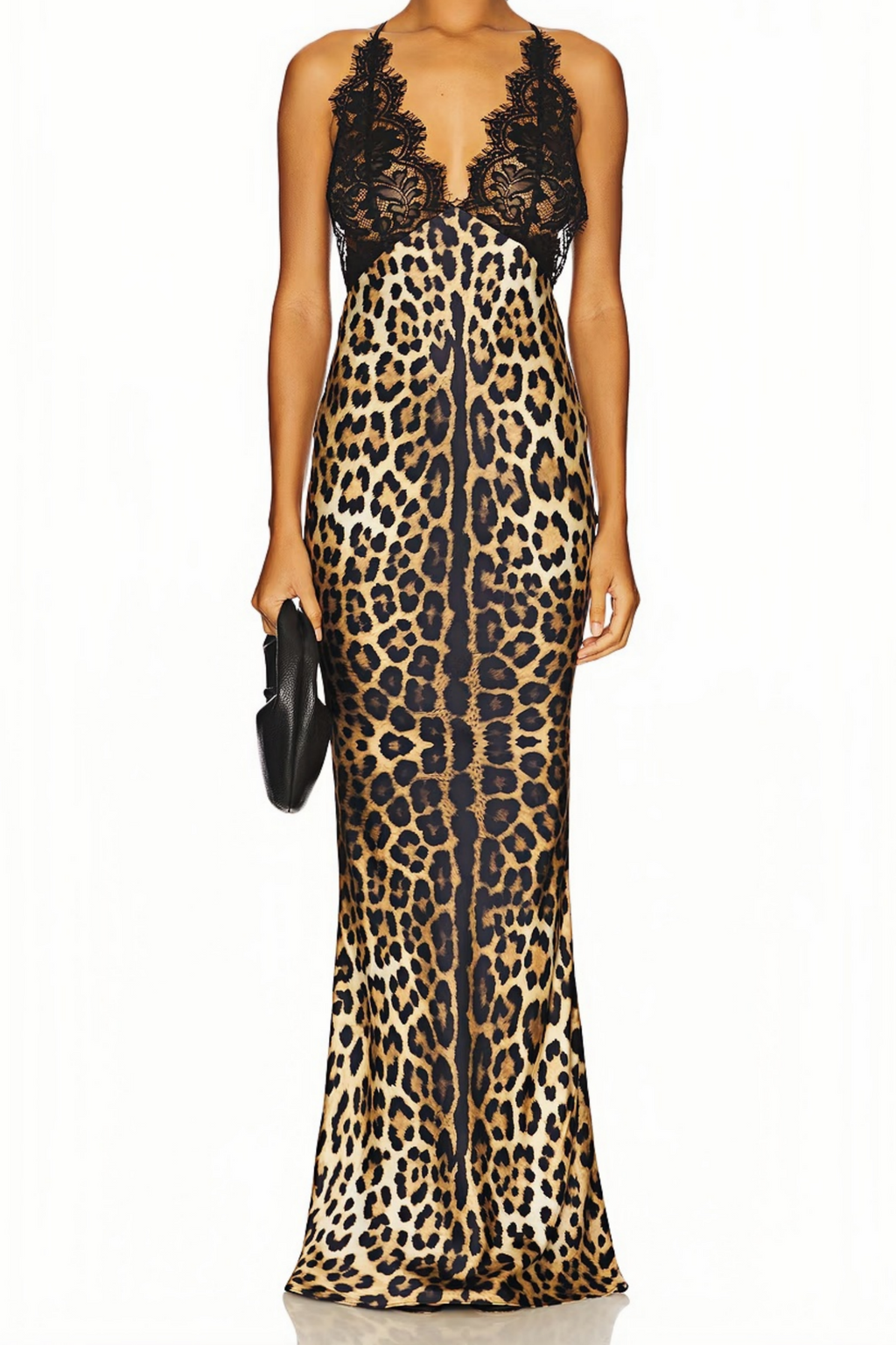 Marta Brown Lace Panel Leopard Satin Maxi Dress