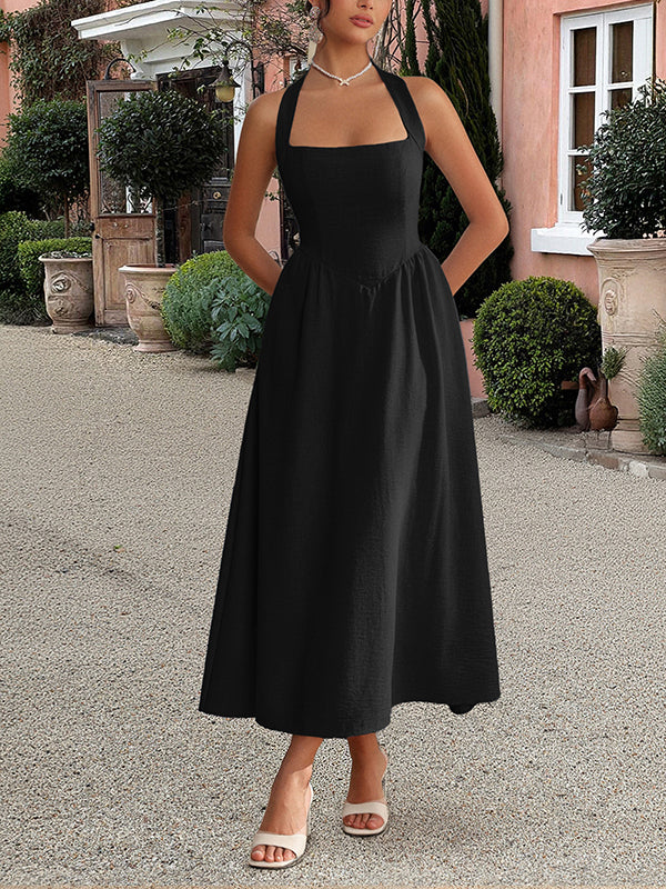 A-Line High Waisted Backless Pleated Solid Color Zipper Halter-Neck Midi Dresses