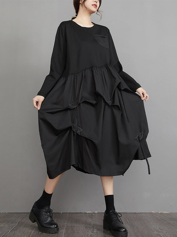 Vintage Long Sleeves Loose Split-Joint Solid Color Round-Neck Midi Dresses