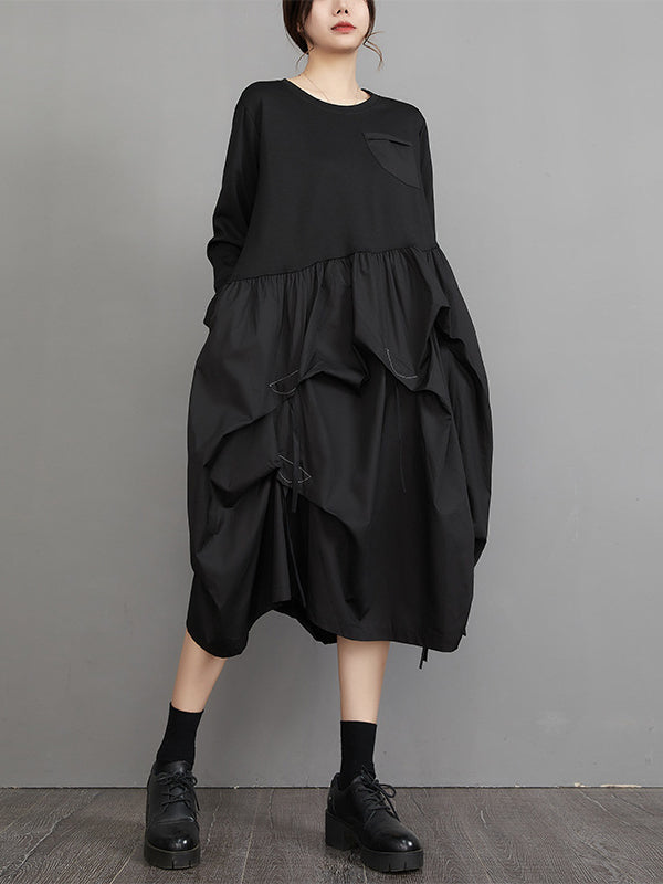 Vintage Long Sleeves Loose Split-Joint Solid Color Round-Neck Midi Dresses