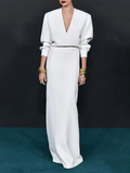 Long Sleeves Loose Solid Color Deep V-Neck Maxi Dresses