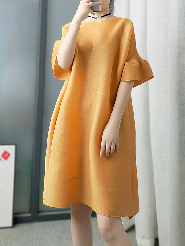 A-line Flared Sleeves Pleated Solid Color Round-neck Maxi Dresses Midi Dresses
