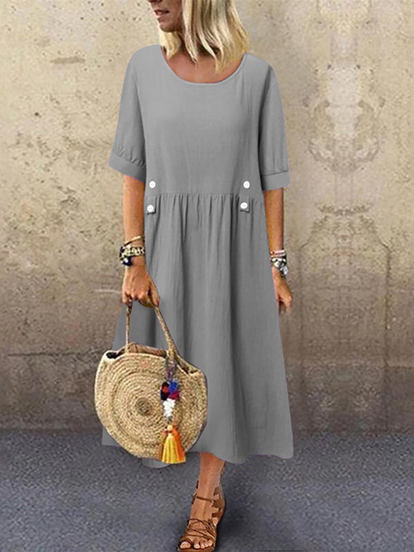 A-Line Loose Buttoned Pleated Round-Neck Midi Dresses