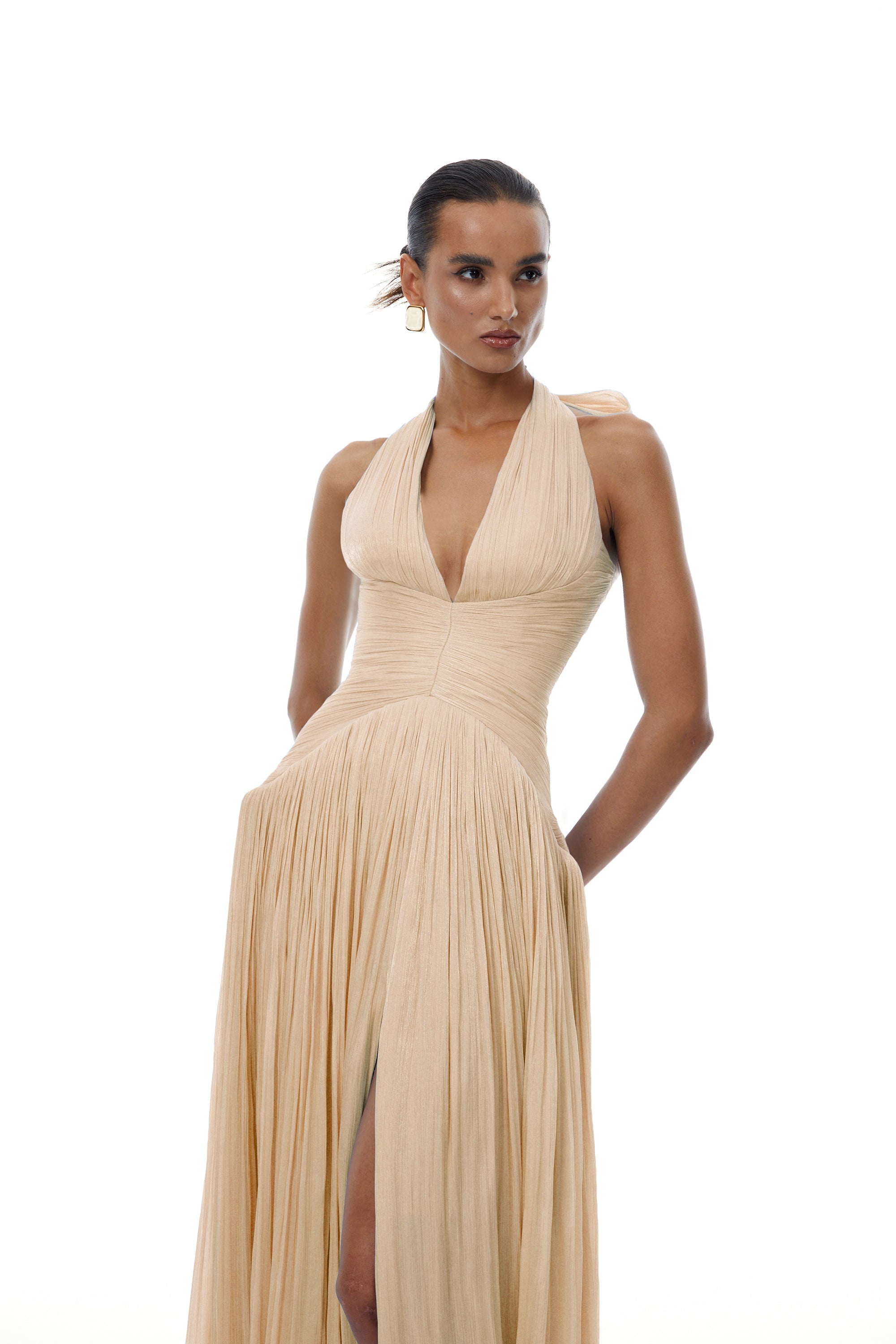 Térébenthine Neutral Glossy Gathered Maxi Dress