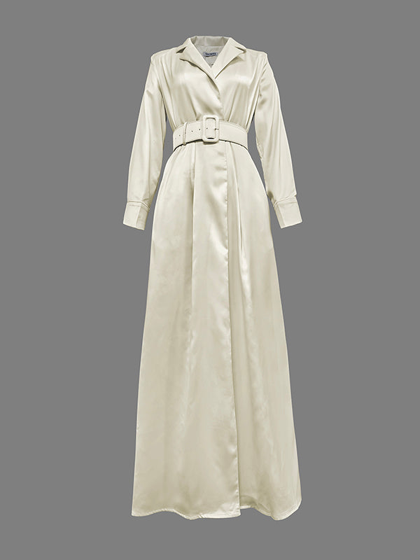 Long Sleeves Loose No Belt Solid Color Notched Collar Maxi Dresses