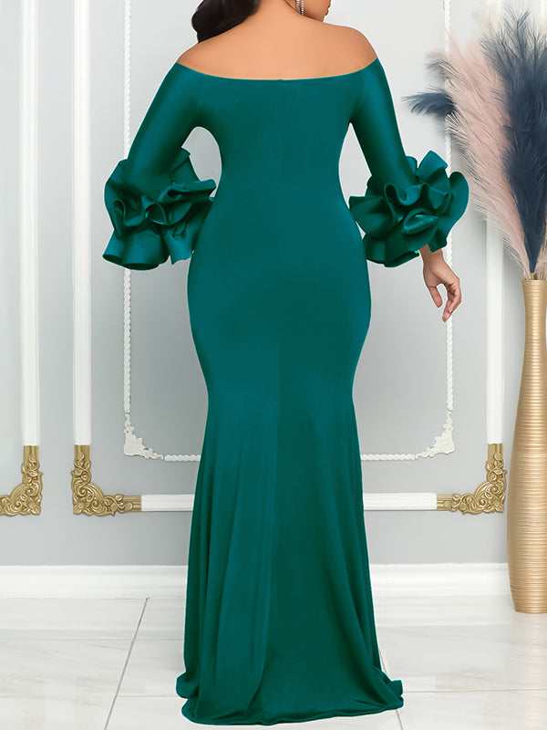 Bodycon Flared Sleeves Falbala Solid Color Split-side Off-the-shoulder Maxi Dresses