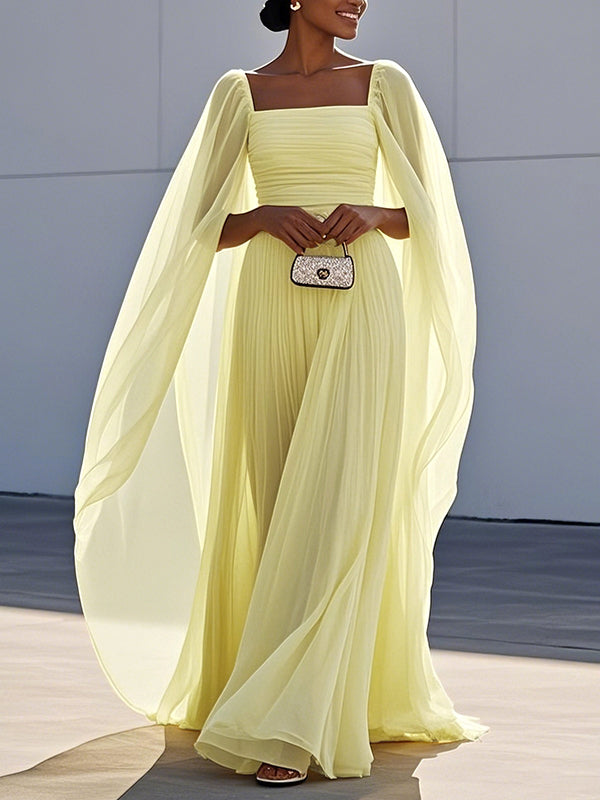 Cape Gauze Pleated Split-Joint Square-Neck Evening Dresses Maxi Dresses