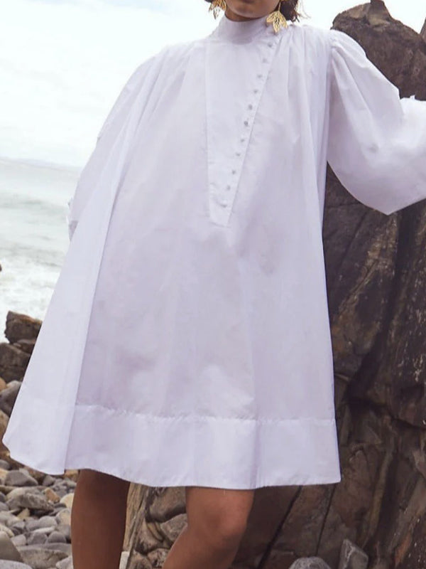 Long Sleeves Loose Buttoned Solid Color Stand Collar Mini Dresses Shirt Dress