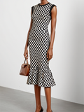 Bodycon Mermaid Contrast Color Plaid Pleated Round-Neck Midi Dresses Sweater Dresses