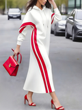 Long Sleeves Loose Drawstring Striped Hooded Hoodies&Sweatshirt Maxi Dresses