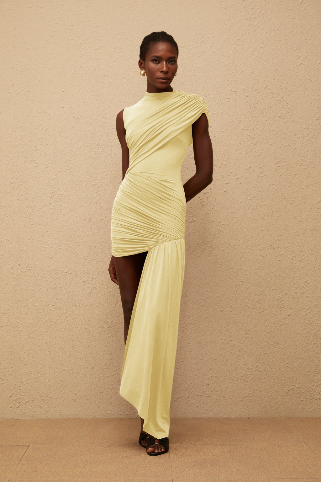 Fée Yellow Asymmetrical Ruched Mini Dress