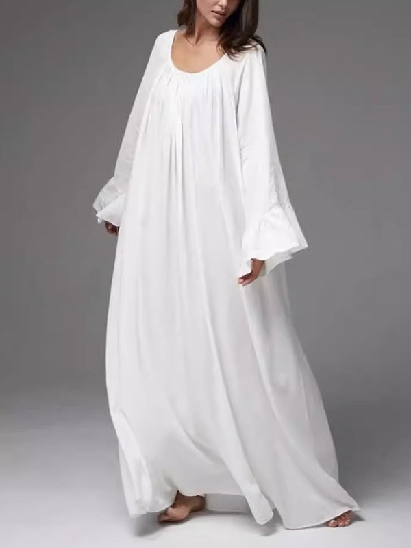 Flared Sleeves Loose Pleated Solid Color Split-Joint Round-Neck Maxi Dresses