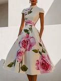 Short Sleeves Skinny Flower Print Stand Collar Midi Dresses