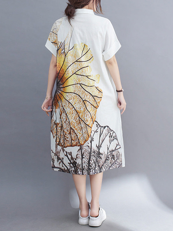 Loose Short Sleeves Buttoned Floral Printed Lapel Collar Midi Dresses Shirt Dress