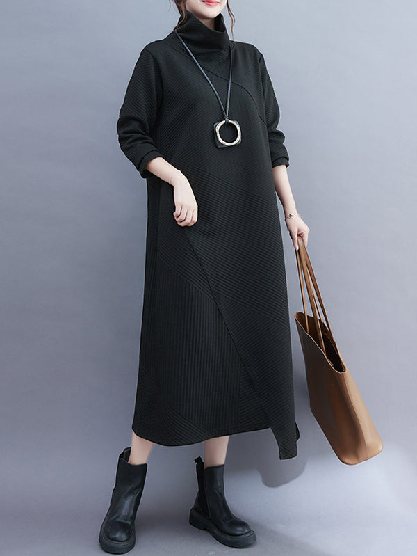 Vintage Irregularity Long Sleeves Solid Color High-Neck Midi Dresses