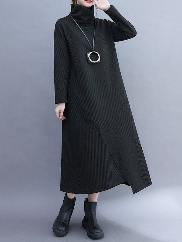 Vintage Irregularity Long Sleeves Solid Color High-Neck Midi Dresses