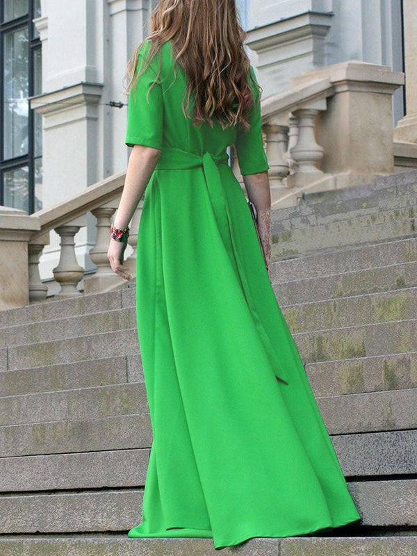 Half Sleeves High Waisted Solid Color Tied Waist V-Neck Maxi Dresses
