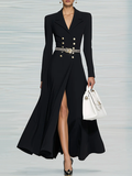 Long Sleeves Buttoned Solid Color Notched Collar Maxi Dresses Shirt Dress
