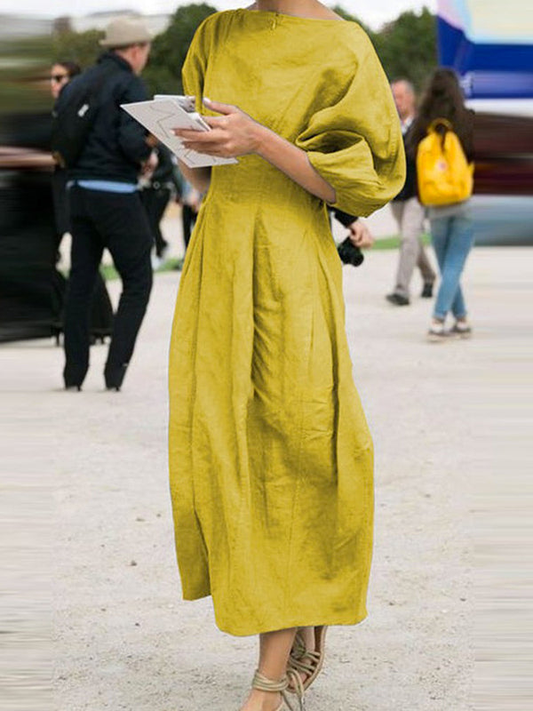 Half Sleeves Loose Solid Color Round-neck Maxi Dresses
