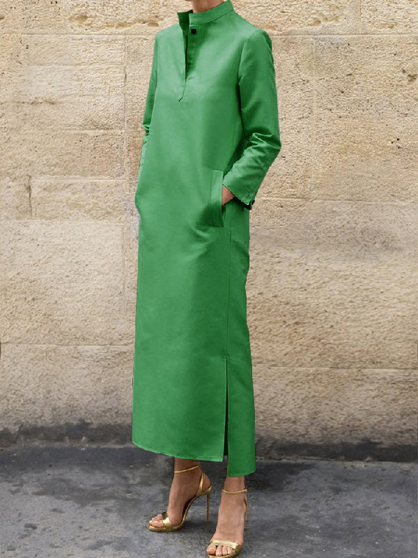 Long Sleeves Loose Solid Color Split-Side Stand Collar Midi Dresses