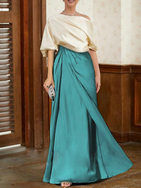 Half Sleeves Loose Asymmetric Contrast Color Pleated Split-Joint One-Shoulder Evening Dresses Maxi Dresses