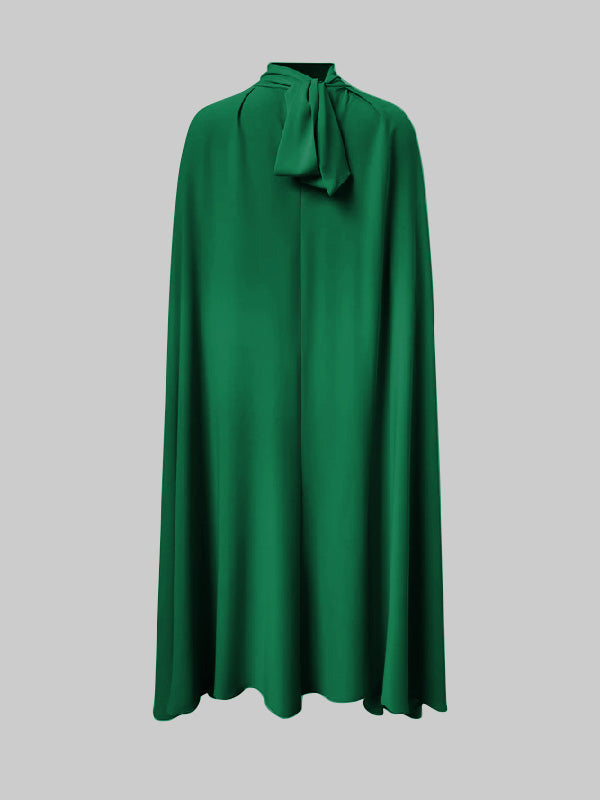 Simple Batwing Sleeves Lace-Up Solid Color High-Neck Midi Dresses