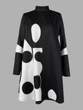 A-Line Long Sleeves Polka-Dot Split-Joint Mock Neck Mini Dresses