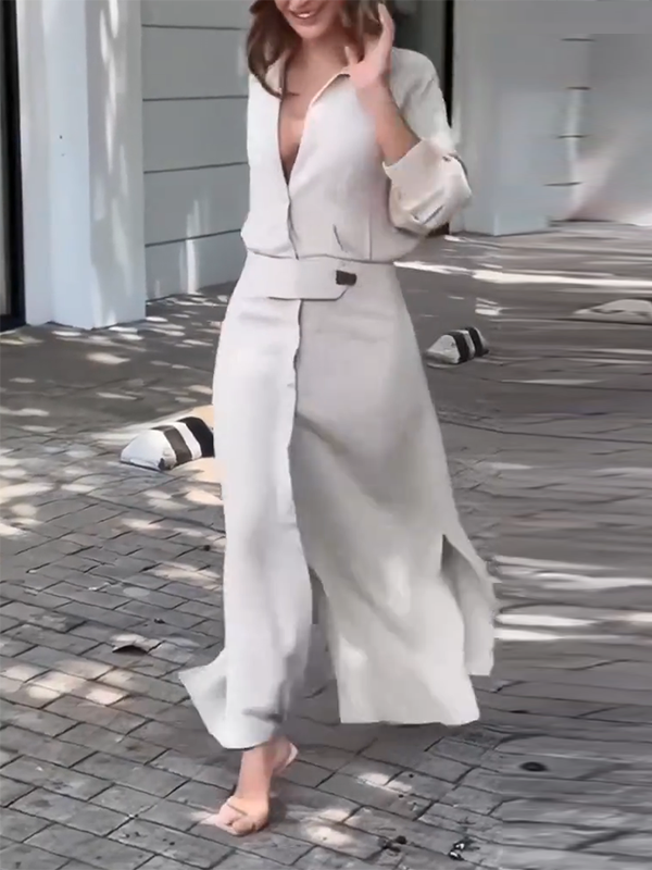 Long Sleeves Loose Split-Joint Split-Side V-Neck Maxi Dresses Shirt Dress