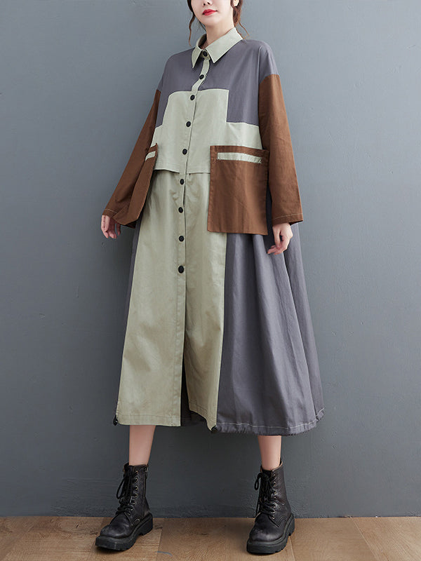Vintage Loose Long Sleeves Contrast Color Polo Midi Dresses