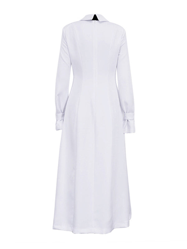 A-Line Flared Sleeves Buttoned Solid Color Split-Joint Split-Side Lapel Maxi Dresses Shirt Dress