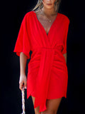 Batwing Sleeves Skinny Pleated Solid Color Split-Joint V-Neck Mini Dresses