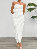 Bodycon High Waisted Ruffle Trim Solid Color Split-Back Split-Joint Tube Maxi Dresses