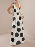 A-Line High Waisted Pleated Polka-Dot V-Neck Maxi Dresses